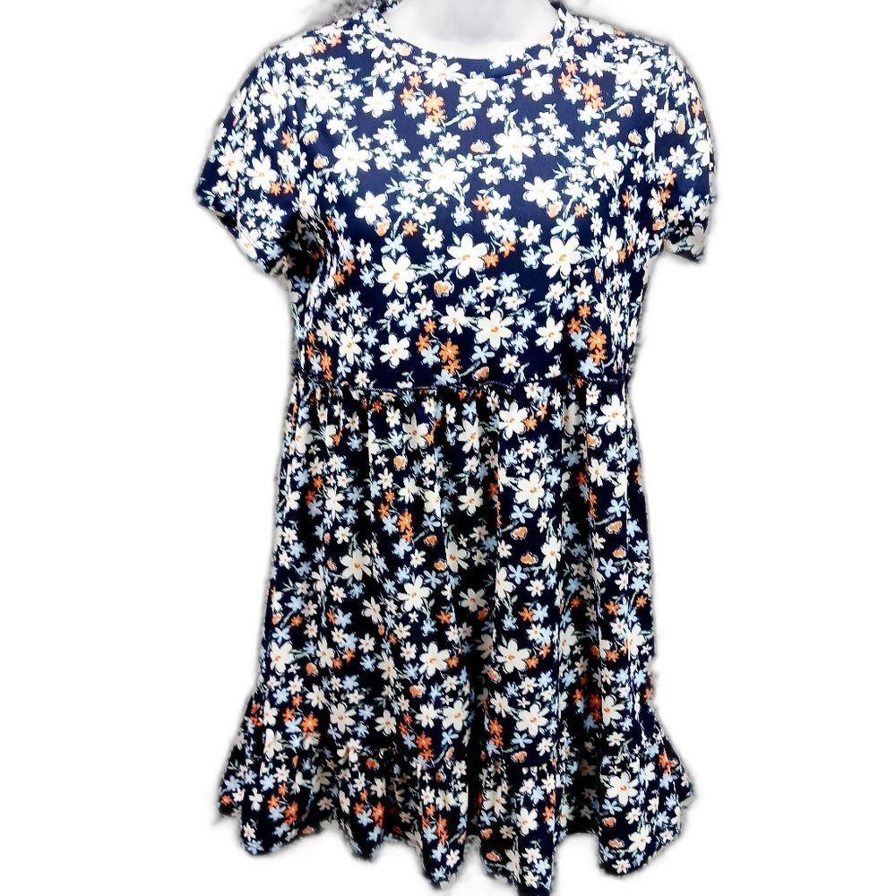 As U Wish Womans Small Blue Floral Mini/ Midi. Ruffled Short Sleeve and Hem.....
